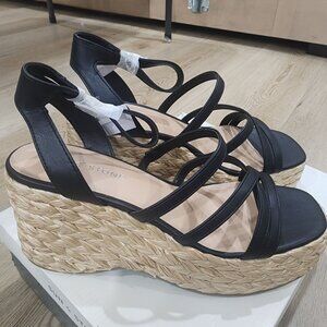 Womens Sun + Stone Black Strappy Wedge Sandals Size 9M With Braided Raffia Platf